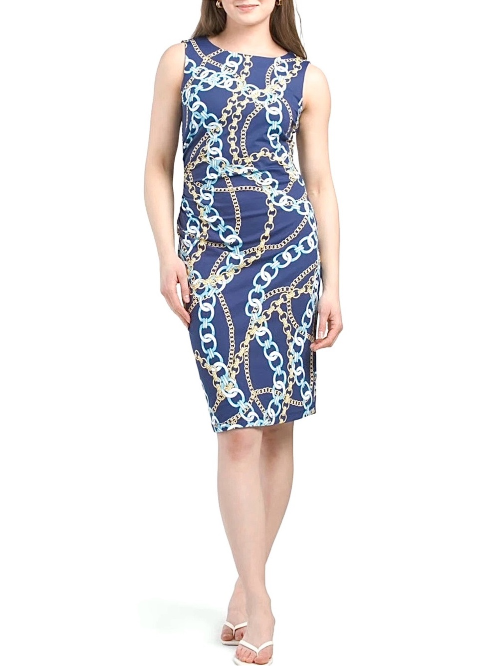 NWT J.McLaughlin Blue Chain Print Sheath Dress L Sleeveless Stretch Nautical